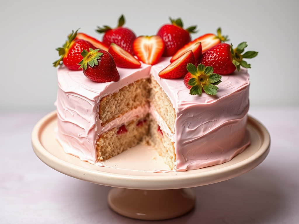 A beautifully frosted pink strawberry cake with fresh strawberry slices on top displayed on a light-colored cake stand, with a slice cut out to reveal the moist cake inside.