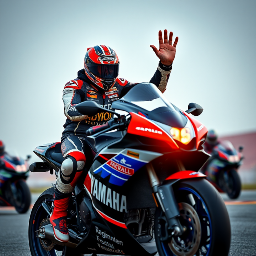 Regenerate an image of a motorcycle racer in full gear waving on a Yamaha bike, using a Canon EOS 5D Mark IV camera, 50mm lens, f/1.8 aperture, ISO 200, shutter speed 1/500s, shot at eye level with a vibrant color scheme and high contrast.