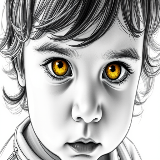 A hyperdetailed photorealistic black and white sketch of a beautiful toddler with deep Yellow eyes, with a macro focus