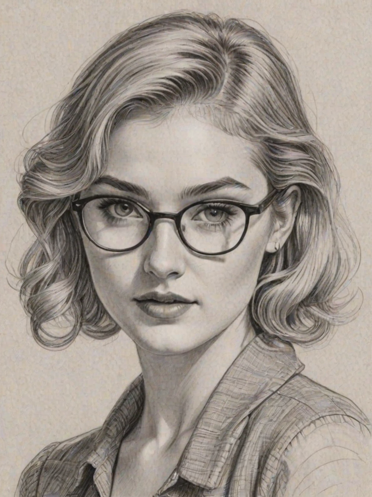 Superb Skyler Samuels, pencil sketch, portrait of Splendid woman 1934s in glasses, hair style beatnik, outline, clear lines, fine lines, 8k