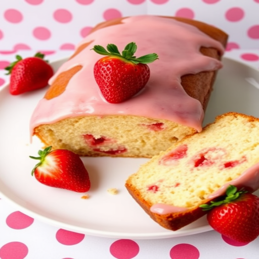 A beautifully presented loaf cake topped with a glossy strawberry glaze garnished with a fresh strawberry, sliced to reveal its moist interior, displayed on a simple white plate against a polka dot background.