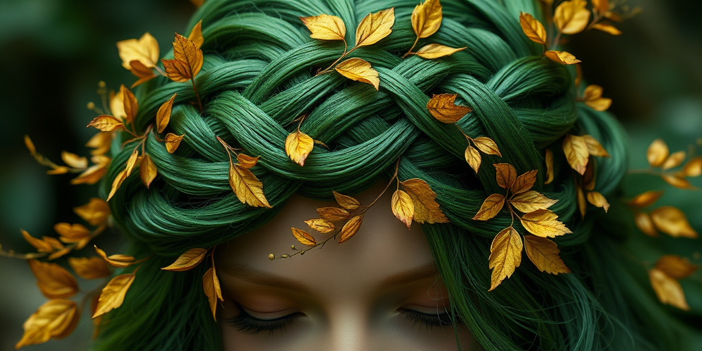 Enchanting emerald green braided crown intertwined with delicate golden leaves, evoking a mystical forest nymph aura, named "Verdant Whisper"