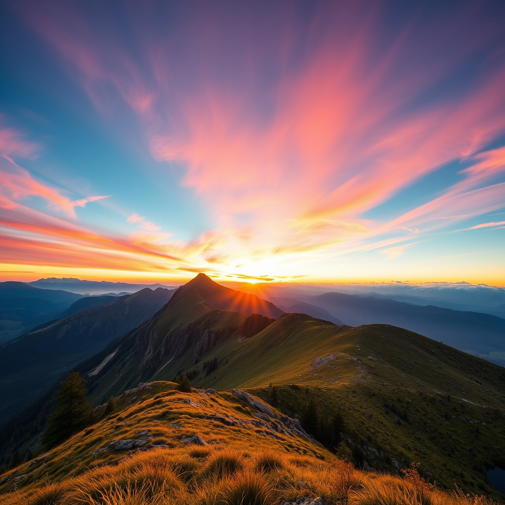 Capture a high-resolution image of a serene mountain landscape during sunrise with vibrant colors, using a DSLR camera with a 24mm lens, aperture set to f/8 for depth of field, ISO 100 for minimal noise, and a shutter speed of 1/60 seconds, in landscape orientation.