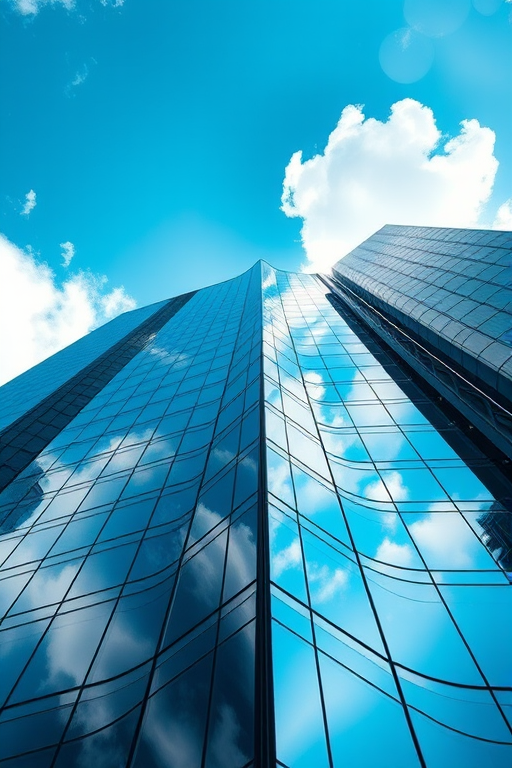 generate a high-resolution image of a skyscraper viewed from below, showcasing reflective glass panels with a bright blue sky and fluffy clouds, taken with a DSLR camera at 24mm f/8, ISO 100, and using a wide-angle perspective to enhance depth and clarity