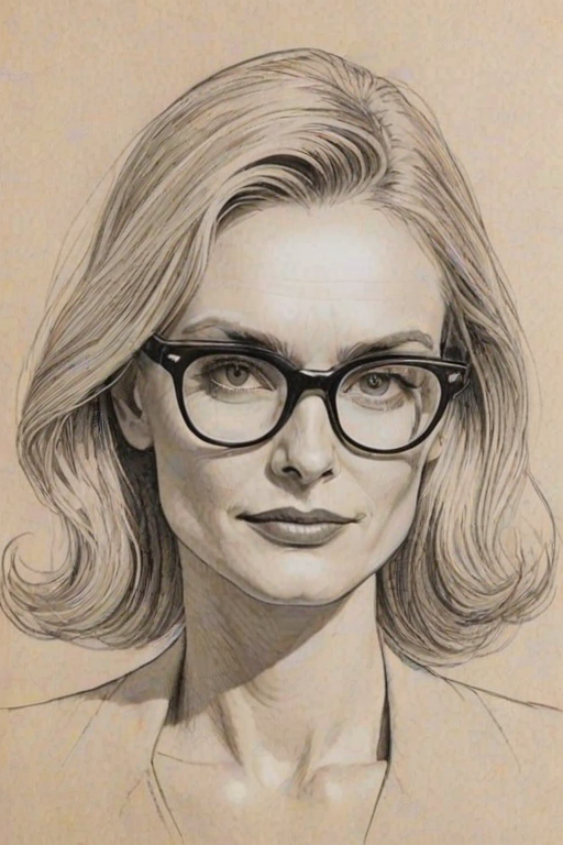 Delightful Aimee Mann, pencil sketch, portrait of Sublime woman 1948s in glasses, hair style beatnik, outline, clear lines, fine lines, 8k