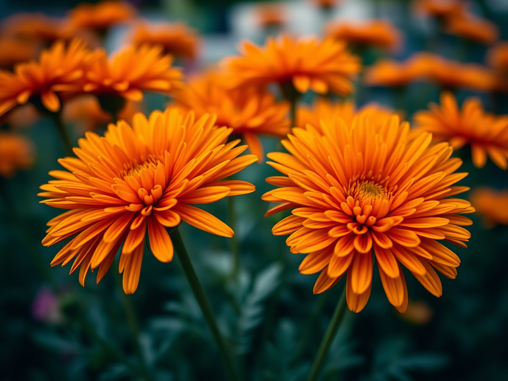 Close-up of vibrant orange chrysanthemums in full bloom, taken with a DSLR camera, 50mm lens, aperture f/2.8, ISO 100, natural light, shallow depth of field for soft background blur.