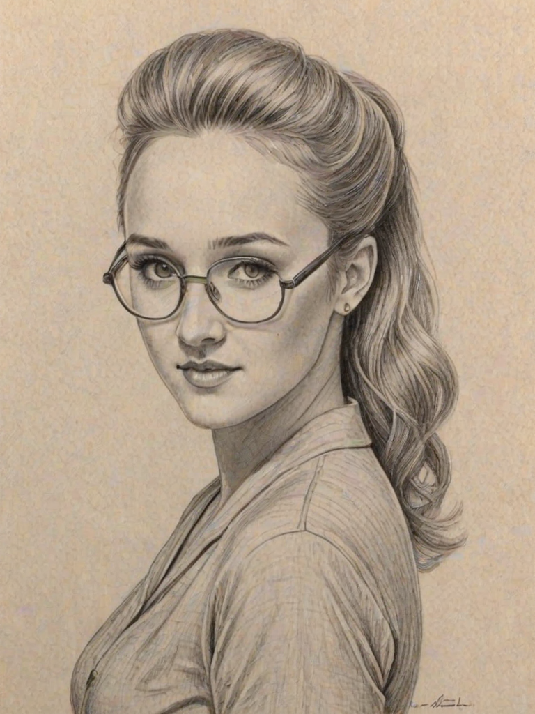 Comely Emily Osment, pencil sketch, portrait of Delightful woman 1951s in glasses, hair style beatnik, outline, clear lines, fine lines, 8k