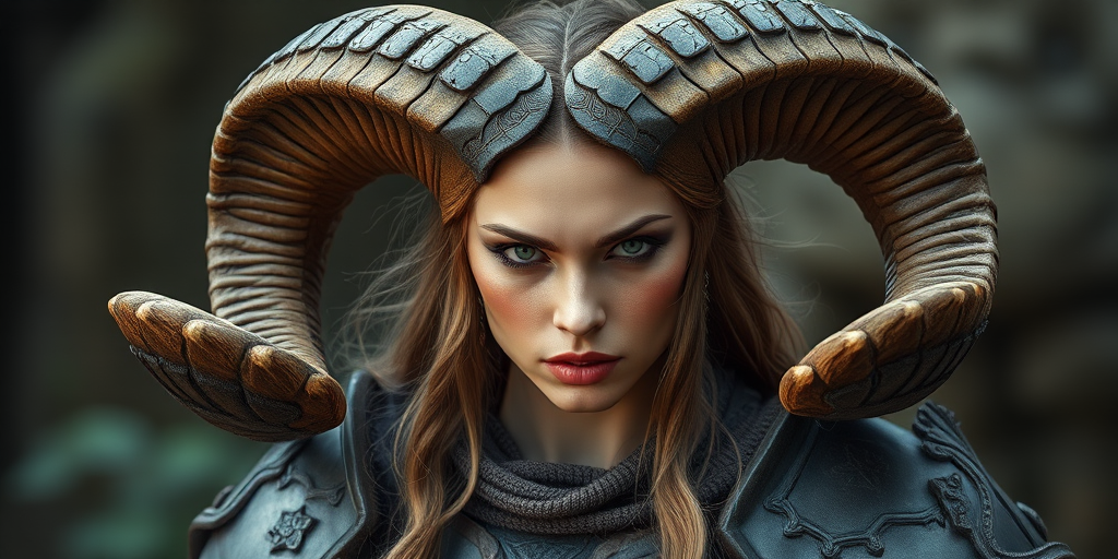 Create a fantasy portrait of a warrior woman with large ram horns, intricate armor details, a fierce expression, natural lighting, shot with a Canon EOS R5 at 50mm, f/1.8, ISO 100, with a shallow depth of field and a soft focus background to enhance her features.