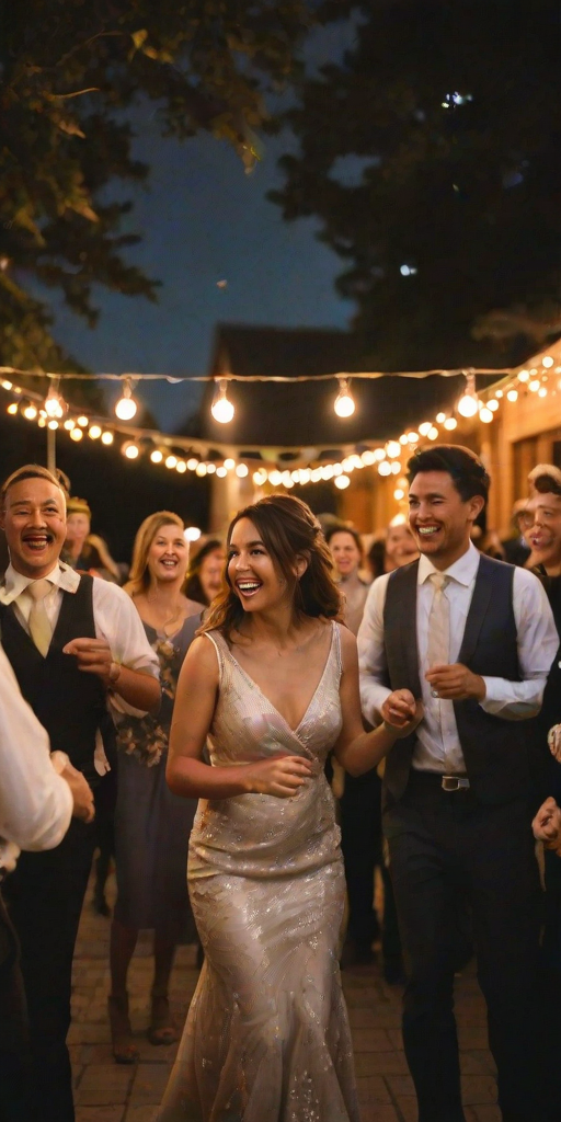Blurry candid shot of a wedding reception, guests laughing and dancing under twinkling string lights, with soft golden light from the lanterns casting a warm, festive glow over the scene.