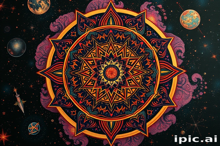 Neotraditional celestial mandala tattoo adorned with intricate constellations, swirling galaxies, and sacred geometry symbols, rendered in rich jewel tones and metallic accents for a mesmerizing three-dimensional effect