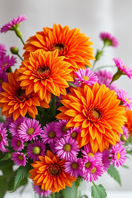 Create a vibrant floral arrangement featuring large orange dahlias and clusters of bright pink asters against a transparent background, captured with a Canon EOS R, 50mm lens, f/2.8 aperture, ISO 100, and a shallow depth of field to enhance image clarity and color contrast.