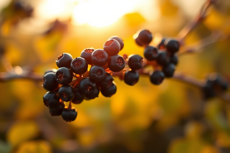 shoot in natural light during golden hour, use a 85mm f/1.8 lens for shallow depth of field, set ISO 200, aperture f/2.8, shutter speed 1/200s, capture a close-up of black berries with blurred yellow foliage in the background for a soft bokeh effect.