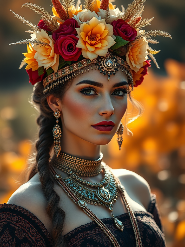 Portrait of a regal woman adorned with intricate jewelry and a floral headdress in a vibrant autumn landscape, shot with a Canon EOS R5 at f/1.8, ISO 100, 85mm lens, natural light, shallow depth of field for soft background blur.