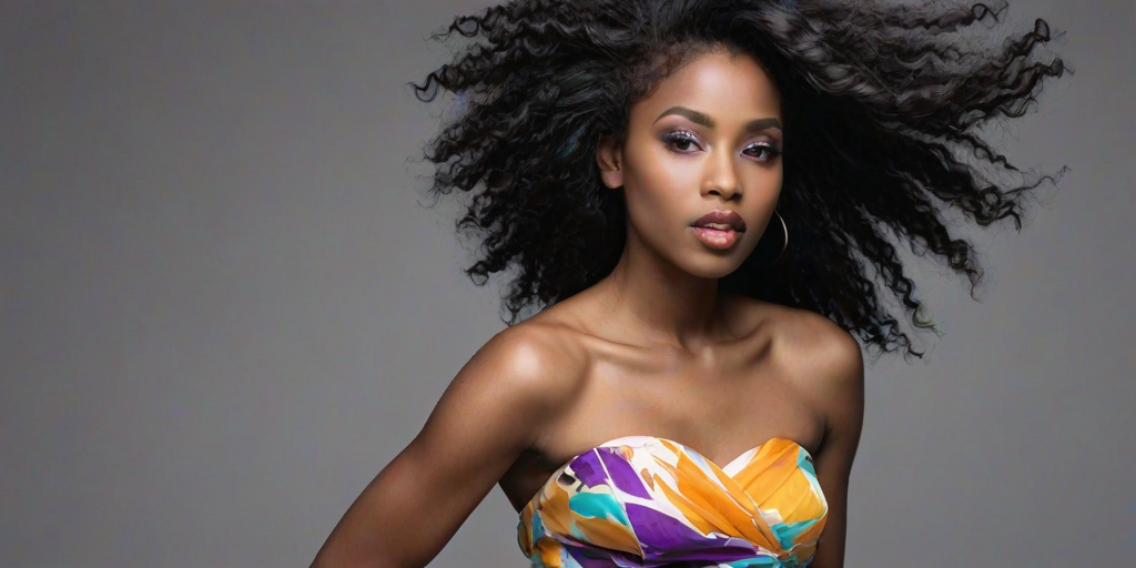 Photographic image of a beautiful young Afro-Caribbean woman, Yellow eyes, lips with cyan lipstick, long hair fluttering in the wind and wearing a silk strapless dress with a soft purple and orange print. monochrome image with only color highlights in the iris of the eyes, lipstick and dress. Gray background.