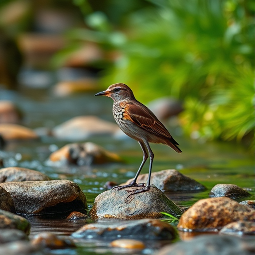 generate a highly detailed image of a bird standing on rocks in a stream surrounded by greenery, using a DSLR camera with a 50mm lens, aperture f/2.8, ISO 100, shallow depth of field, natural lighting, and a close-up view to enhance image quality