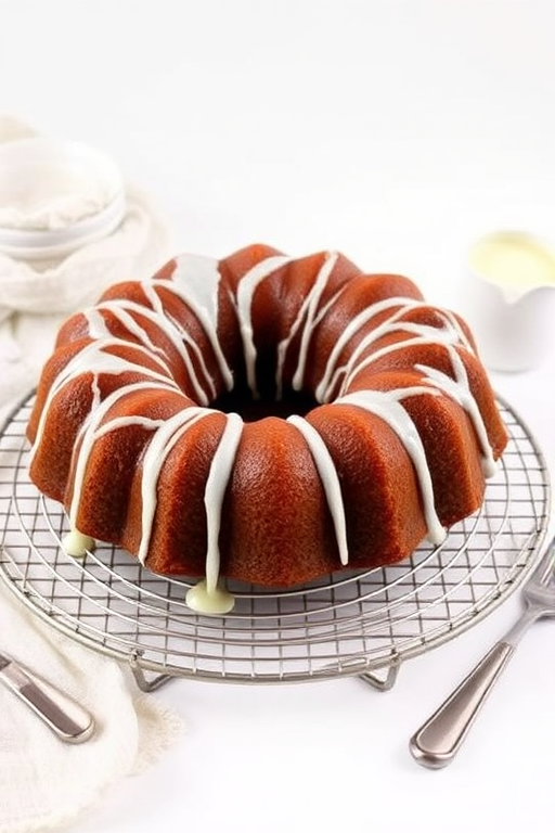A beautifully baked bundt cake with a glossy icing drizzle on top placed on a cooling rack with a white background accompanied by a small pitcher of cream and silverware on the side.