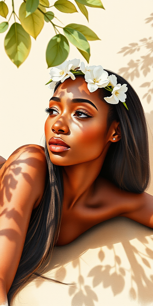 create a watercolor painting of an ethereal portrait of beautiful Nubian woman with a simple white flower crown on her head. Her hair is long and she is lying on the ground. The sunlight on the trees casts shadows from the leaves on her face and body. The background is a neutral brown color that matches her skin tone. The image is minimalist and solid colors. This style is characterized by soft, delicate brushstrokes and a light, airy, contrasting color palette. High level of detail and play of light