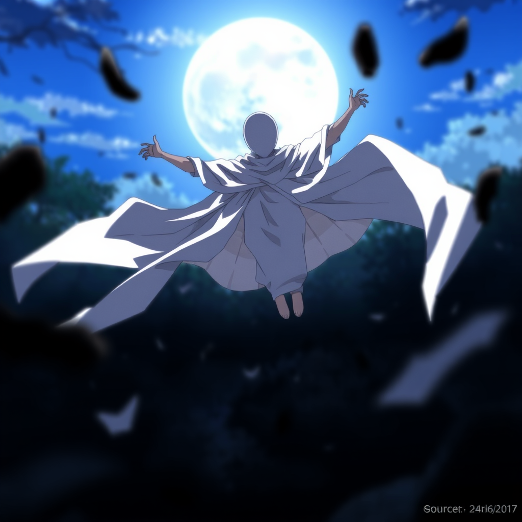 source_anime, rating_safe, day, natural lighting, faceless-humanoid focus, flying, floating, Dafaceless, no face, white_Dafaceless_cloth, 1faceless, intricately detailed illustration, depth of field, atmospheric perspective, horror