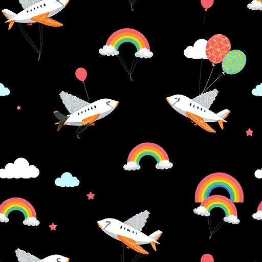 Create a seamless pattern featuring whimsical airplanes with colorful balloons and rainbows on a black background, shot with a Canon EOS R5, 50mm lens, f/2.8 aperture, ISO 100, using a vibrant colors style for enhanced image quality.