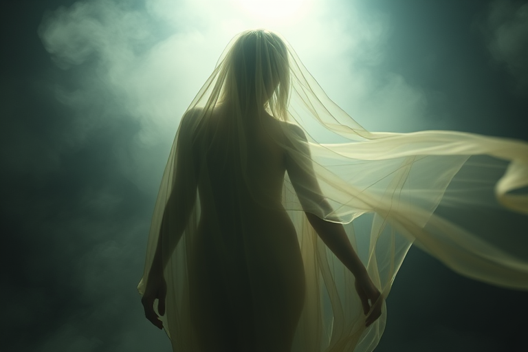 ethereal figure shrouded in translucent fabric, dramatic lighting with fog and soft diffusion, low-angle shot, narrow depth of field, 50mm lens, f/1.8 aperture, ISO 100, long exposure to capture motion in fabric, cinematic style