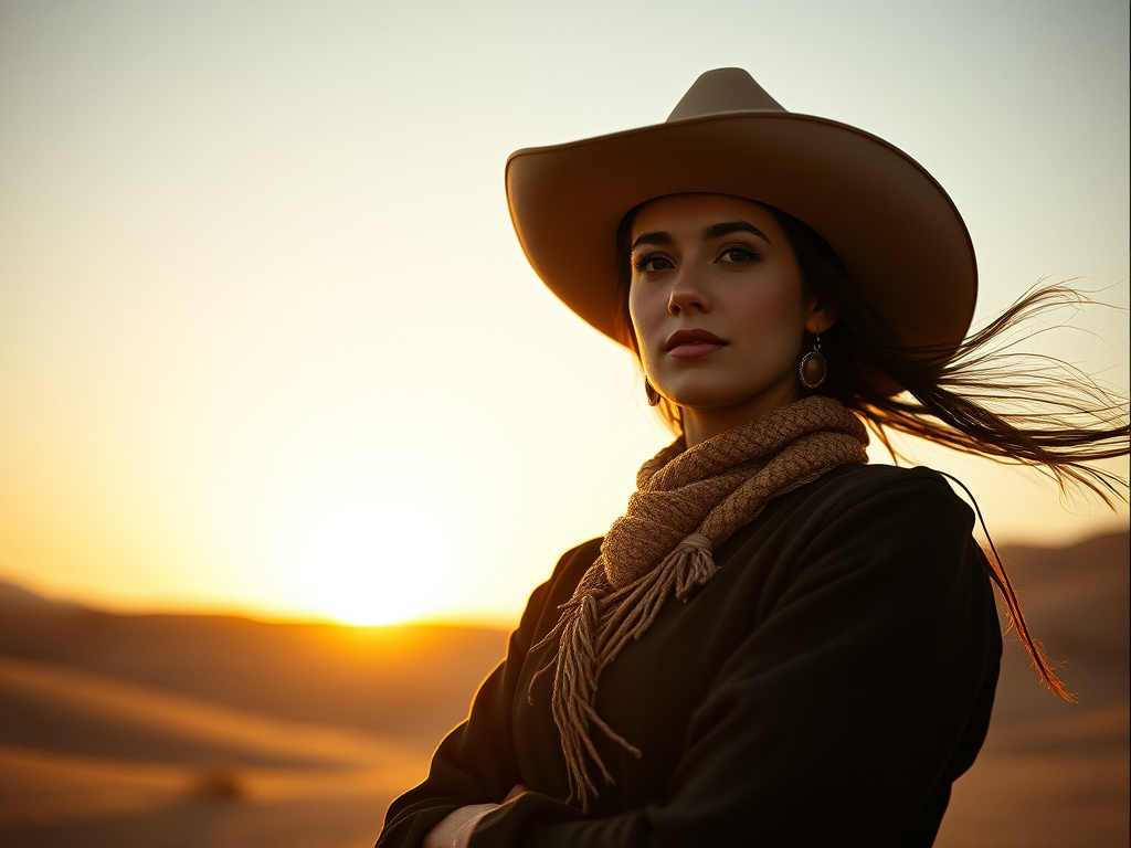 Dramatic photo of a beautiful Azerbaijani woman, classic cowboy attire, confident and free spirit expression, half-length portrait, centered, golden hour desert landscape, warm, diffused light, low angle, medium format film camera, in style of Annie Leibovitz.