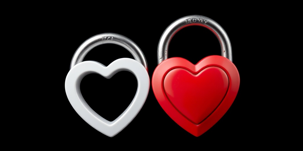 Generate a high-resolution image of two interlocked heart-shaped padlocks, one in white and the other in red, set against a solid black background, captured with a DSLR camera using a 50mm lens at f/2.8, ISO 100, and a shallow depth of field to enhance details and colors.