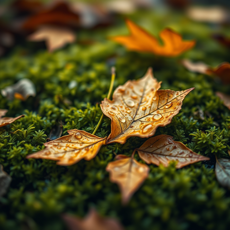 close-up of wet autumn leaves on green moss, natural light, f/2.8, 1/125s, ISO 200, macro lens, shallow depth of field, DSLR camera