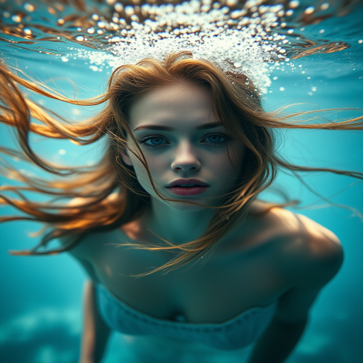 portrait of a woman with flowing hair underwater surrounded by ethereal light, soft focus, f/2.8, ISO 200, 1/125s, taken with a full-frame DSLR camera, using a 50mm lens, high dynamic range, dramatic lighting.