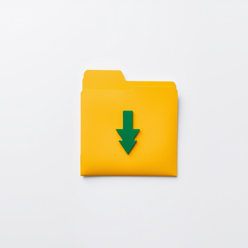 Create a high-resolution image of a yellow folder with a green downward arrow, using a Canon EOS R5, aperture f/2.8, shutter speed 1/125s, ISO 100, top-down view, with soft lighting and a clean background.