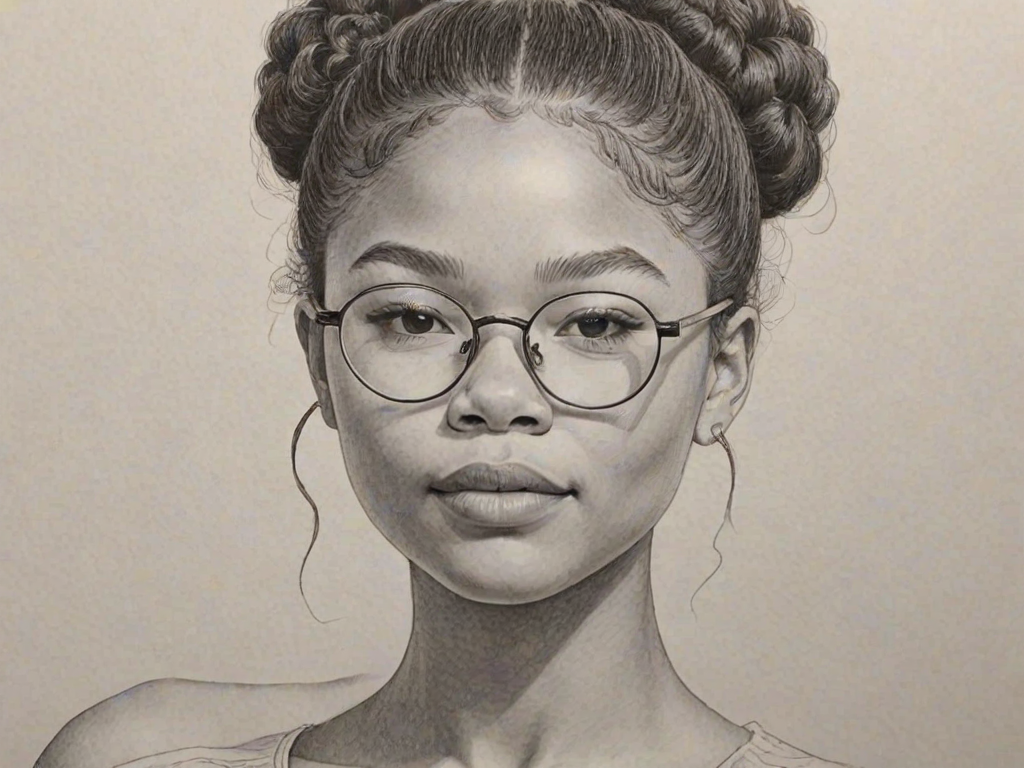 Lovely Storm Reid, pencil sketch, portrait of Graceful woman 1964s in glasses, hair style beatnik, outline, clear lines, fine lines, 8k
