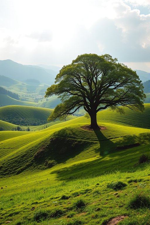 Generate a vibrant landscape of rolling green hills with a large tree, soft sunlight illuminating the scene, using a wide-angle lens with an aperture of f/8, ISO 100, shot from a low angle to capture depth, in high-resolution digital format.