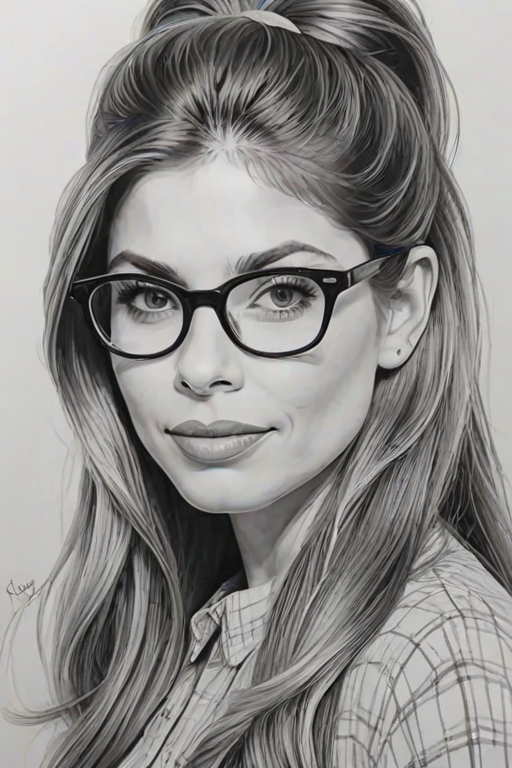 Radiant Danielle Fishel, pencil sketch, portrait of Charming woman 1963s in glasses, hair style beatnik, outline, clear lines, fine lines, 8k