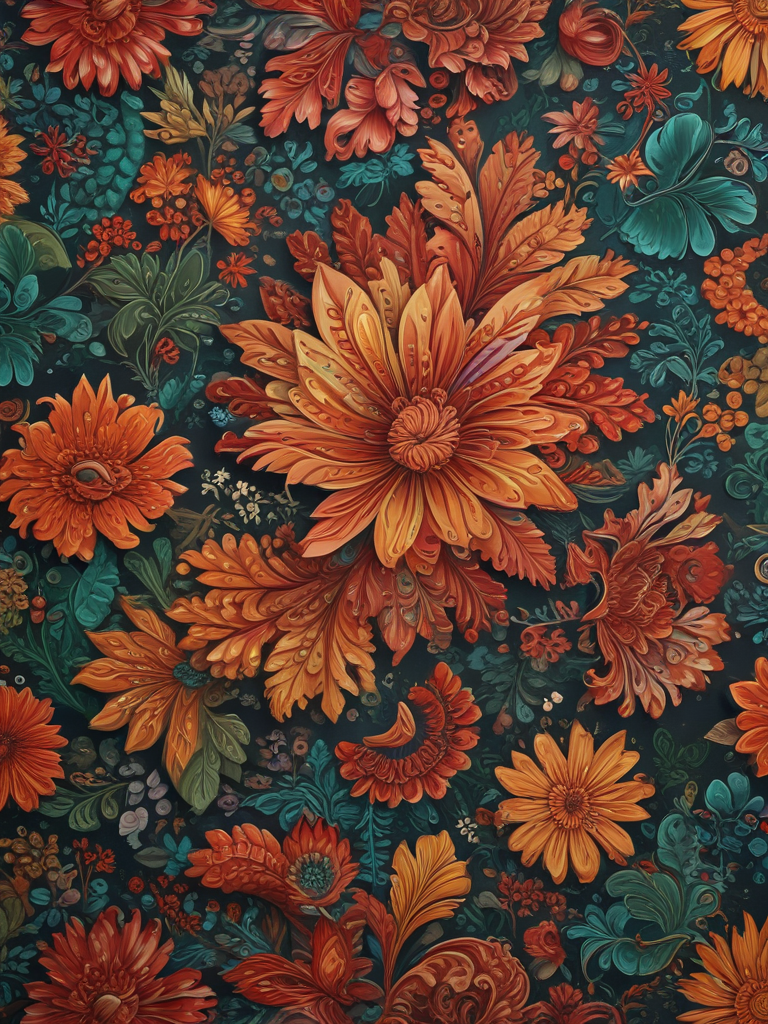 Vibrant Floral Patterns in Warm Autumn Colors with Intricate Details