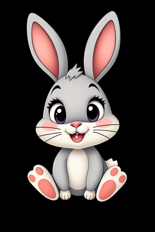 Create a cute cartoon bunny character with large expressive eyes and a playful smile, in a minimalist style on a solid black background, using a DSLR camera at f/2.8, 50mm lens, with a shallow depth of field to enhance detail and softness in the background.