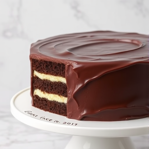 A rich chocolate cake with a glossy chocolate frosting, showcasing multiple layers of moist chocolate sponge and creamy white filling, elegantly presented on a white cake stand with a marble background.