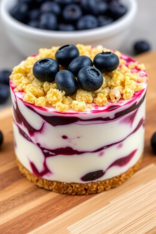 A delicious layered dessert featuring creamy white filling with swirls of purple berry sauce topped with golden crumbly crust and fresh blueberries garnishing the top served on a wooden cutting board with a bowl of blueberries in the background.