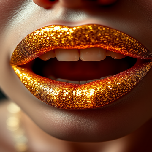 Glittery gold lips that sparkle and shine, catching the light with every movement, creating a glamorous and eye-catching focal point