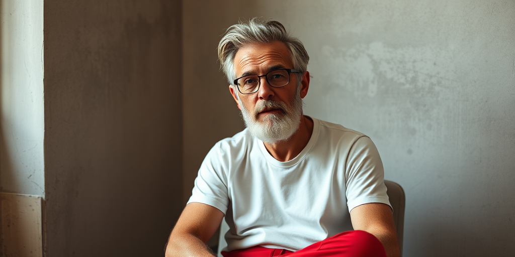 portrait of a stylish older man with a beard wearing a white t-shirt and red pants sitting on a chair against a textured wall, natural lighting, aperture f/2.8, shutter speed 1/60s, ISO 100, 50mm lens, medium format camera, soft focus background