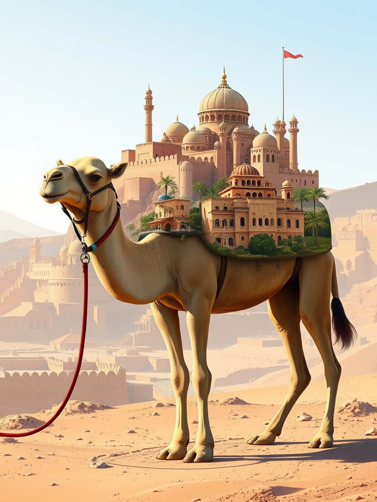 create a digital illustration of a camel with a historical cityscape on its back, use a 50mm lens, aperture f/2.8, ISO 100, shoot in natural lighting, high resolution, use a DSLR camera style for enhanced image quality