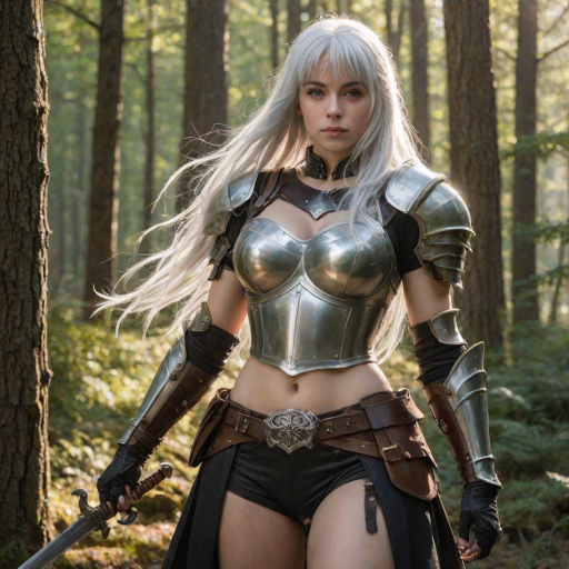 1girl, beautiful, white hair, long hair, bangs, fair skin, big breasts, leather armor, sword, forest, dappled sunlight, upper body, looking at viewer