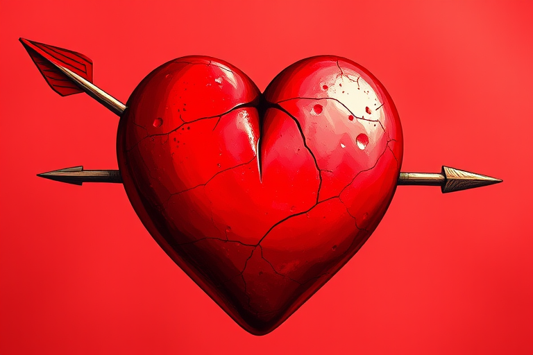 Create a vivid illustration of a red heart pierced by a sharp arrow, using 50mm lens, f/2.8 aperture, ISO 100, and captured from a close-up perspective in a digital DSLR style to enhance clarity and depth.