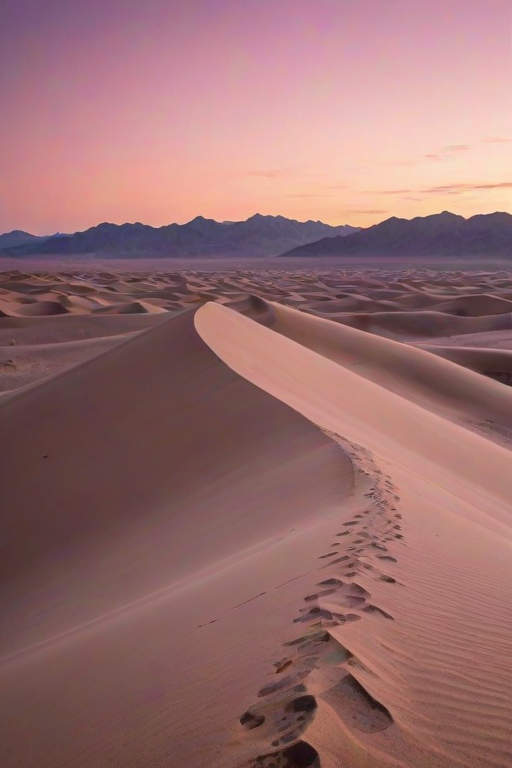 Wind-swept desert dunes, with a solitary figure walking along the crest, the sky turning shades of pink and purple as the sun sets.