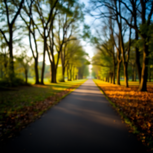 Landscape photo of a serene park pathway surrounded by trees, early morning light, shot with a DSLR camera using a 50mm lens at f/1.8, ISO 200, with a shallow depth of field to emphasize the path and soft bokeh in the background.