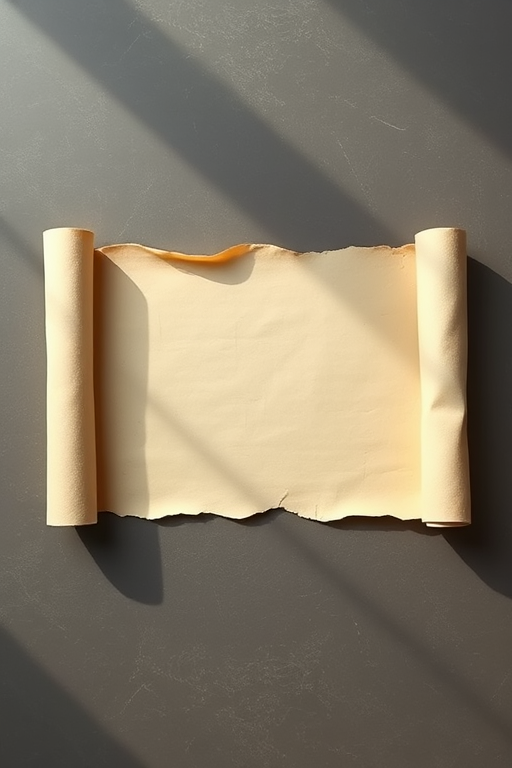 Create a high-quality image of an empty parchment scroll with curled edges, using a DSLR camera with a 50mm lens, aperture f/2.8, ISO 100, in a flat lay view, with soft natural lighting for enhanced texture detail.