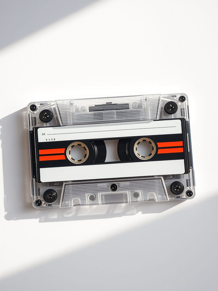 Create a highly detailed image of a vintage cassette tape on a clean background, shot with a 50mm lens at f/2.8, ISO 100, shutter speed 1/125s, in natural light to enhance color depth and clarity, using a digital DSLR camera.