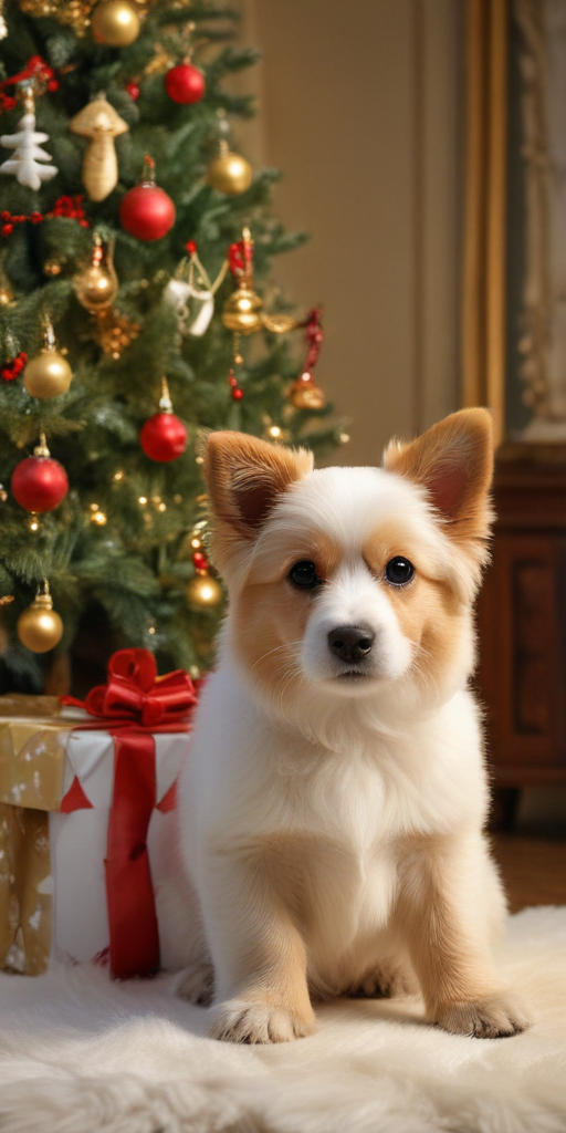Adorable Puppy Sitting in Front of a Festively Decorated Christmas Tree