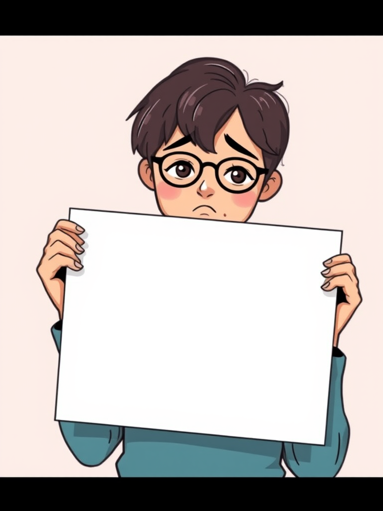 Create a stylized illustration of a person holding a blank sign in front of their face with a sad expression, using a soft pastel background, captured with a DSLR camera, 50mm lens, f/1.8 aperture, ISO 100, natural lighting, shallow depth of field to enhance focus on the subject.