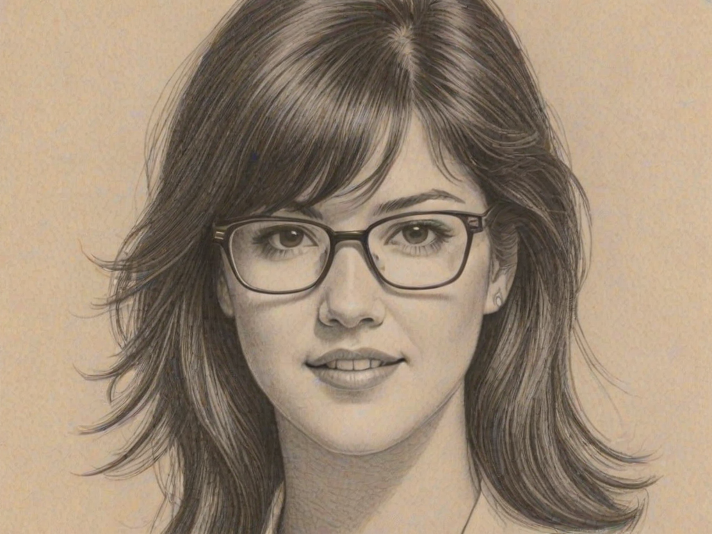 Stunning Phoebe Cates, pencil sketch, portrait of Beauteous woman 1975s in glasses, hair style beatnik, outline, clear lines, fine lines, 8k