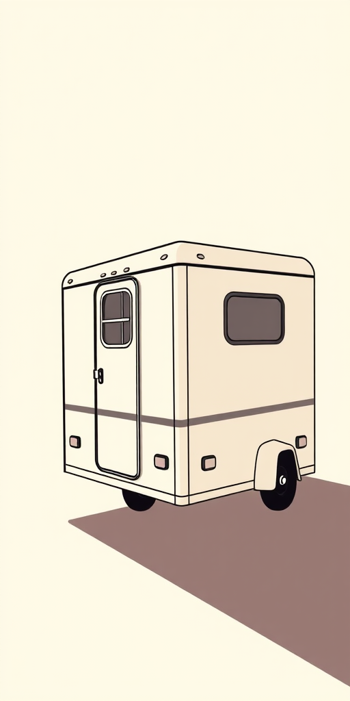 Regenerate an illustration of a trailer with a minimalist design, using a high-resolution vector style, camera settings: ISO 100, aperture f/4, shutter speed 1/200s, camera view from a slight angle showing the side and back, camera style: detailed line art with shading, camera type: digital illustration.