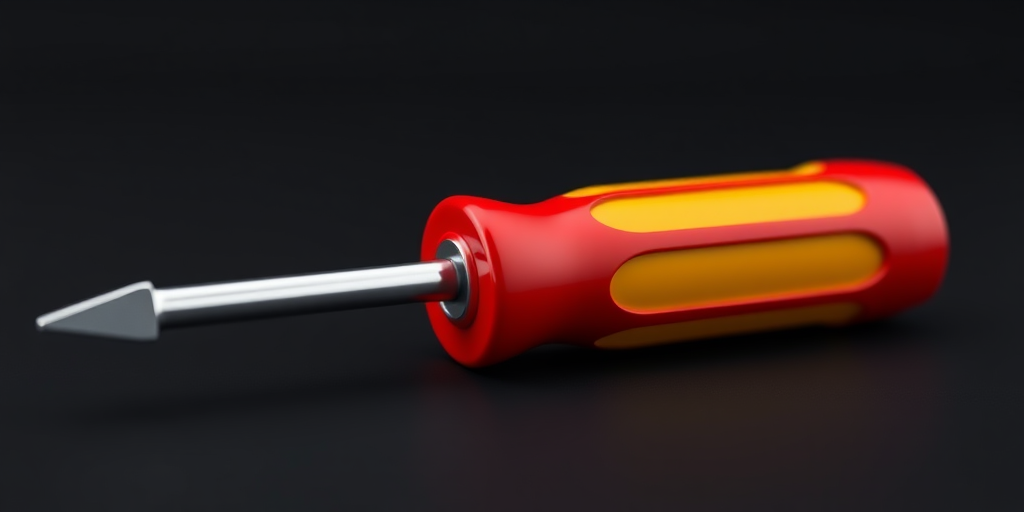 Create a highly detailed 3D rendering of a red and yellow screwdriver with a glossy finish, set against a black background, using a DSLR camera with an aperture of f/2.8, a shutter speed of 1/60 sec, ISO 100, macro lens, and a slight tilt-shift effect to create depth of field.